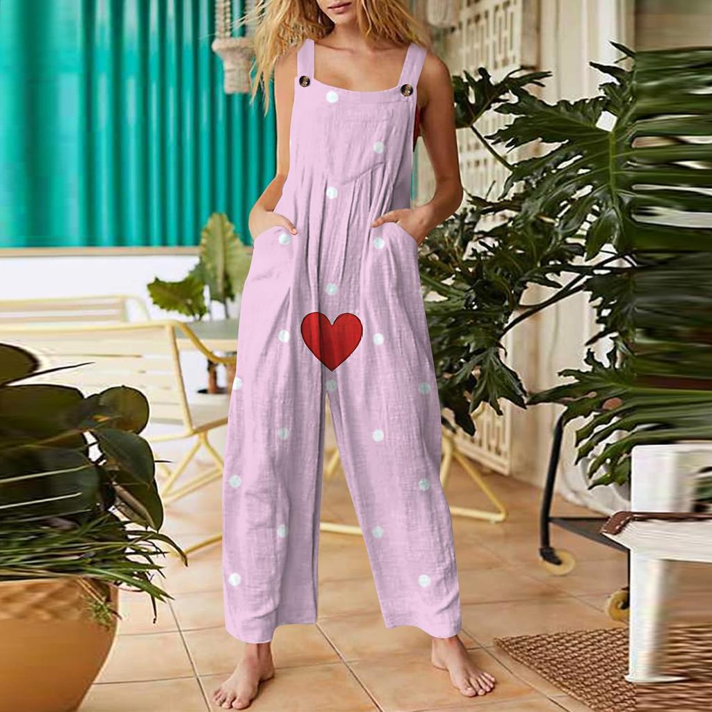 Women's Valentine's Day Printed Casual Loose Retro Cotton Linen Overalls With Pockets