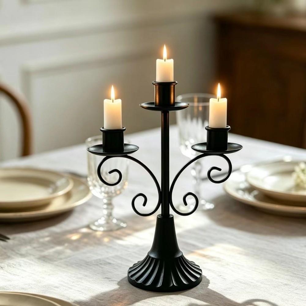 Vintage Three Headed Candlestick Holders Iron Candle Stand Ornament Rolled Flower Candelabra Hotel