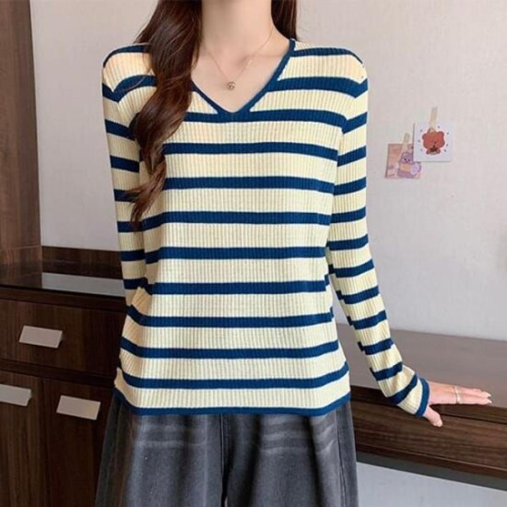 NaVaVa Women V Neck Stripe Long sleeVe Knit Top Nk2851