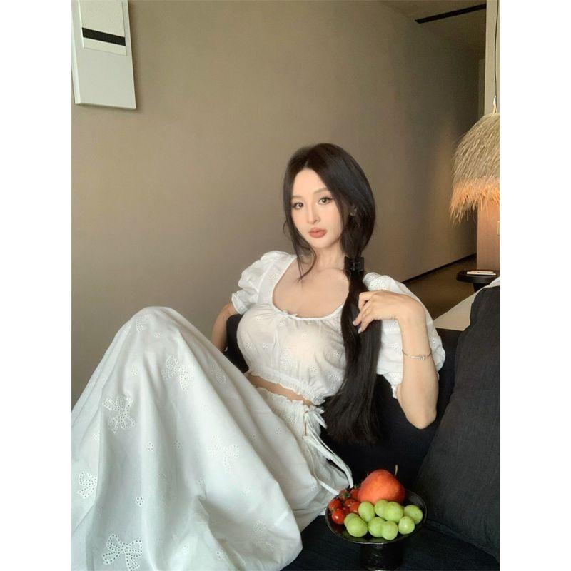 Kumikumi Fashion Set French Style Puff Sleeve U Collar Shirts Women Summer Loose Pleat Skirt Two-piece Set