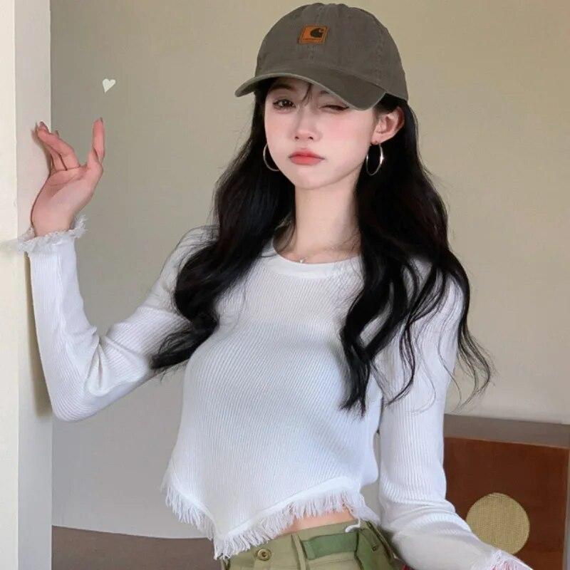 Tassel T Shirt Korean Style Solid Color Crop Top Autumn Long Sleeve Tees Slim Fashion Tshirts Femme O-neck Clothes Japanese