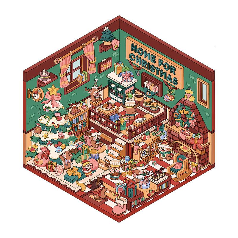 Christmas Theme Diy 3D Sticker Cartoon Pocket Cabin Scene Stacking And Pasting Festival Birthday Gift For Kids Student