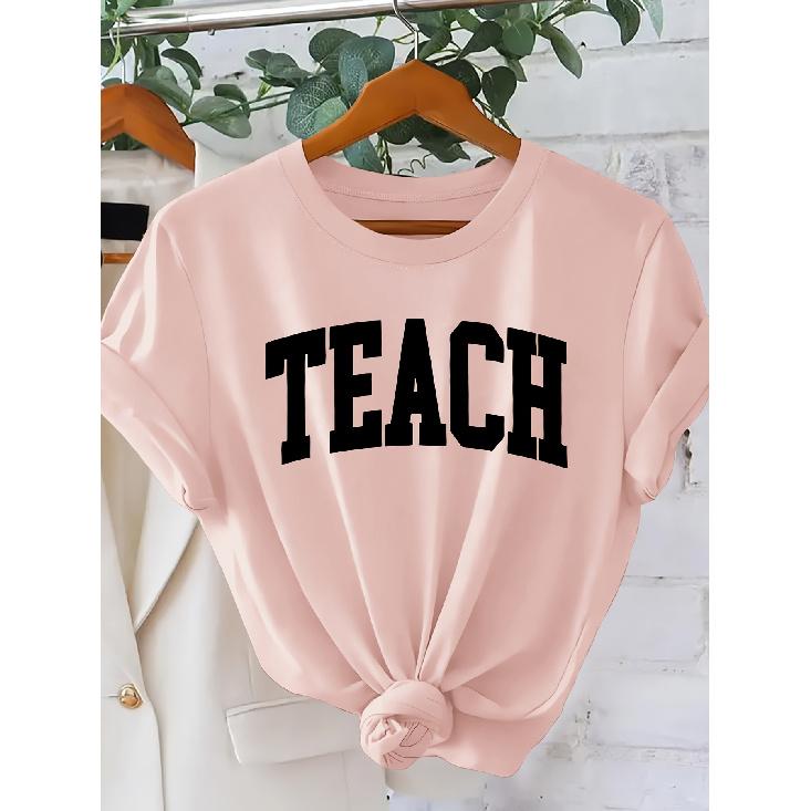 Women's Simple College-Style Printed Short Sleeve Shirt TEACH Letter Print Crew Neck T Shirt Elegant Party Holiday Casual Loose-fitting Top 2026