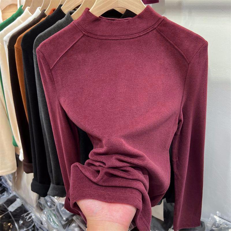 Solid Color German Fleece Polished Warm Semi-turtleneck Bottoming Shirt Women's Autumn and Winter Slim-fitting Fleece Long-sleeved T-shirt