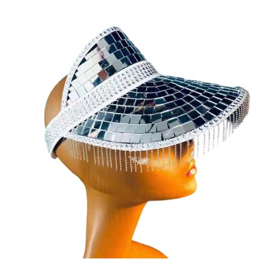 

Sun Hat Reflective Mirror Design Summer Anti-UV Hat with Tassels Hiking Traveling Parties Lightweight Breathable Hat срібний