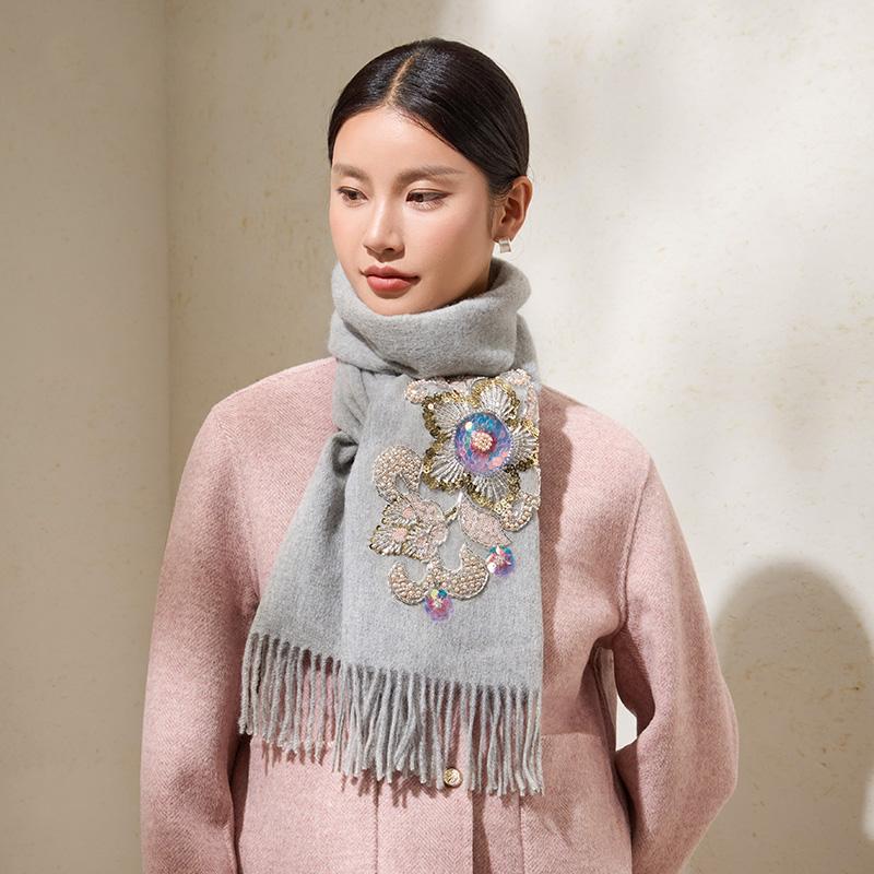 100% Wollschals Damen Winterschals Wickel Grauer Pashmina Warmer Chinesischer Suzhou-Stickerei Roter Schal Echarpe Femme 180X30cm