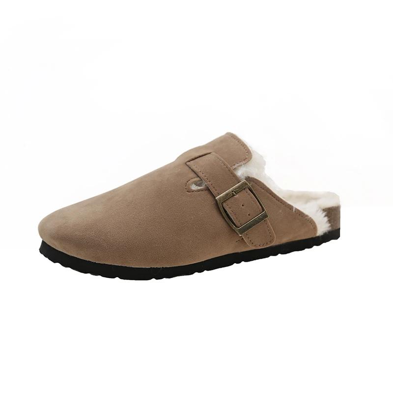 Fashion Classic British Style Winter Cover Head Slippers Womens Suede Plush Warm Buckle Belt Indoor Outdoor Wedges Mules Cotton Shoe