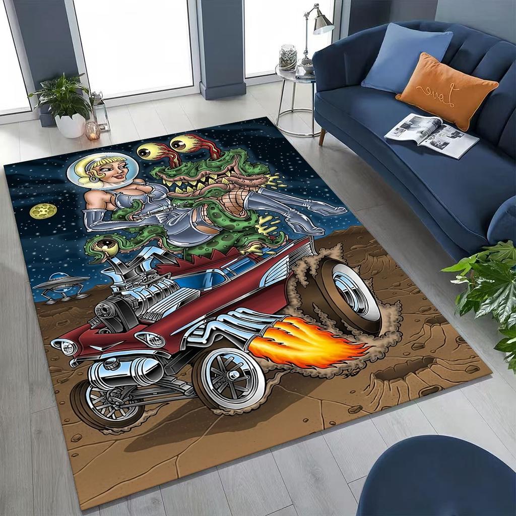3D Rebellious RAT FINK Auto's Bord Cartoon Vloerkleed voor Slaapkamer Woonkamer Bank Huis Deurmat Decoratie, Groot Kinder Speel Antislip Vloermat