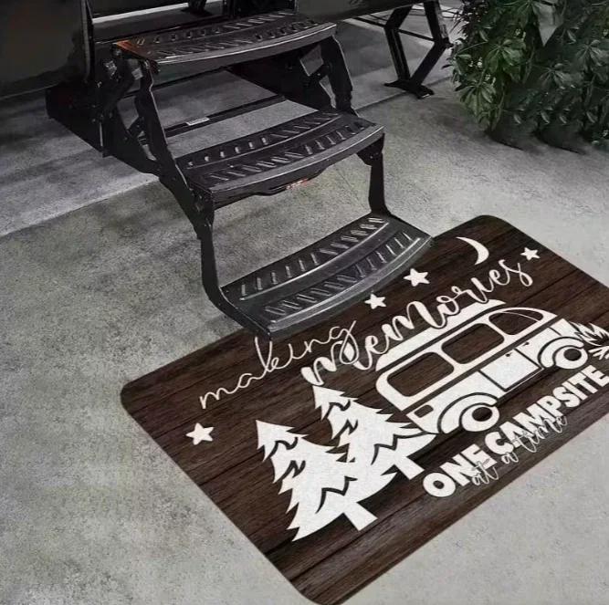 VIKAMA Happy Camping Welcome Doormat Retro Car Pine Tree Pattern Indoor Outdoor Rug Non-Slip Floor Mat Forest Theme Decor Carpet