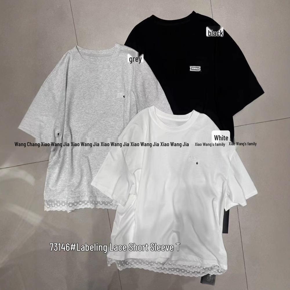 

Xiao Wang s Summer Korean Style Plus Size Lace Short Sleeve Casual T-Shirt One Size чёрный
