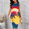 Women Plus Size Sleeveless Round Neck Midi Bodycon Dress Underwater Coral Fish Print Slim Fit Dress