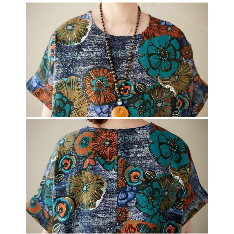 Letní květinový potisk Délka ke kolenům Bavlněné šaty Umění Retro Art Šaty s krátkým rukávem s krátkým rukávem