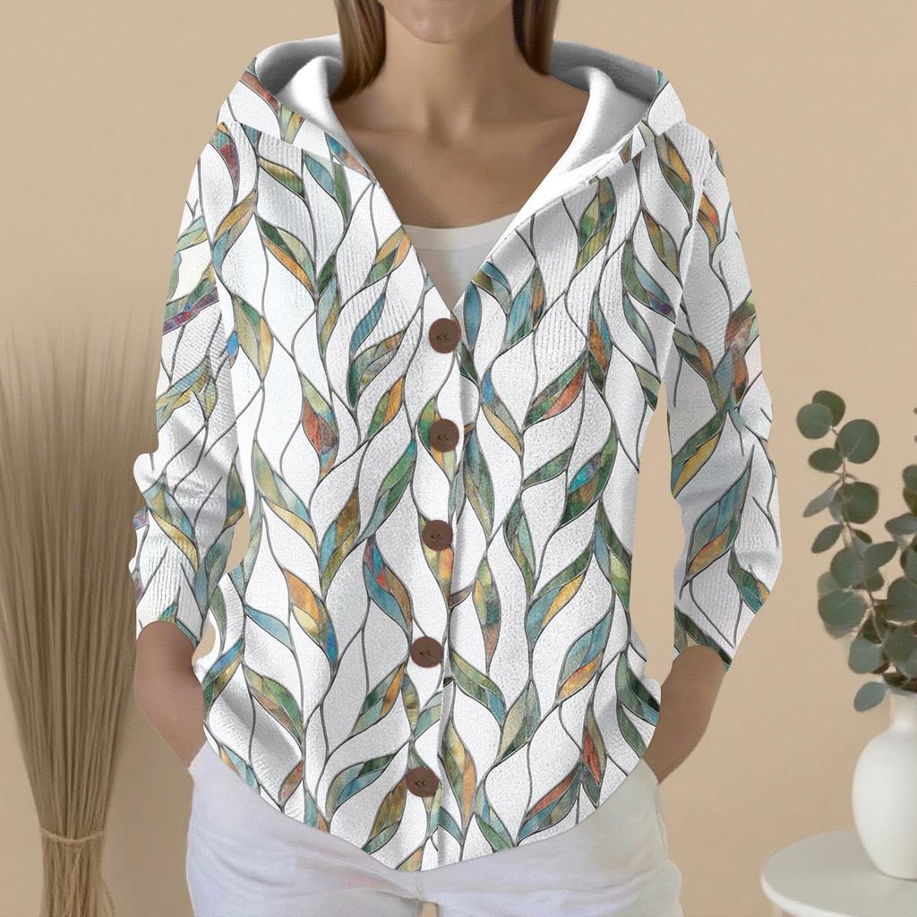 Women's Fashion Casual Sweater Button-Up Print Cardigan  Hooded Jacket