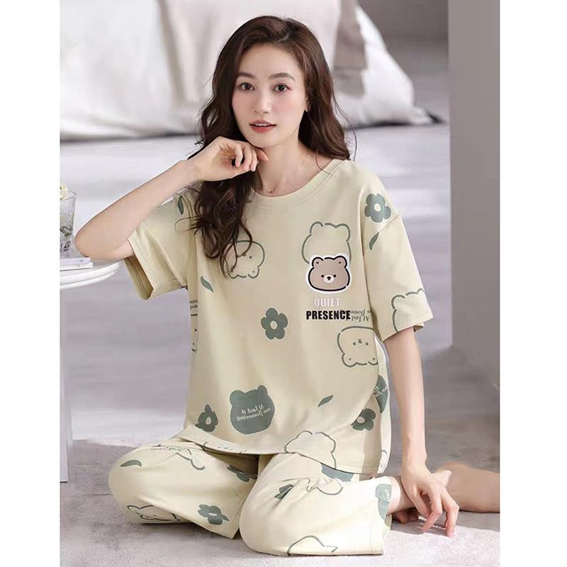 Pajamas Women's Summer, New Spring and Summer Short-sleeved Cute Loose Cropped Pants Loungewear Two-piece Set Summer