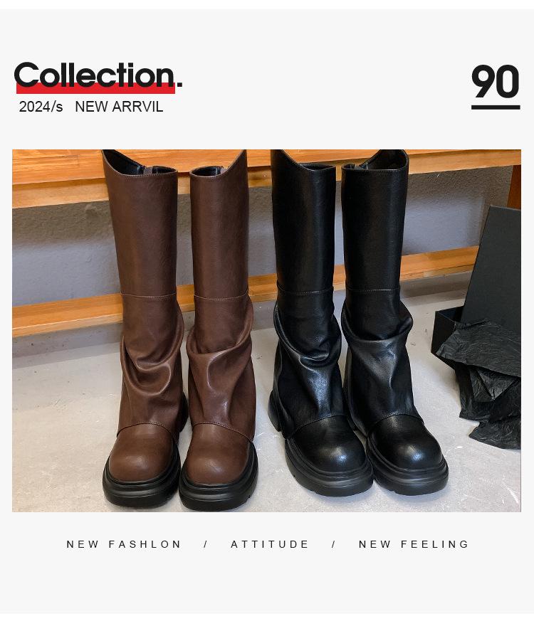 Women's Soft Leather Knee-High Ruched Boots with Thick Sole - 2024 Autumn/Winter
