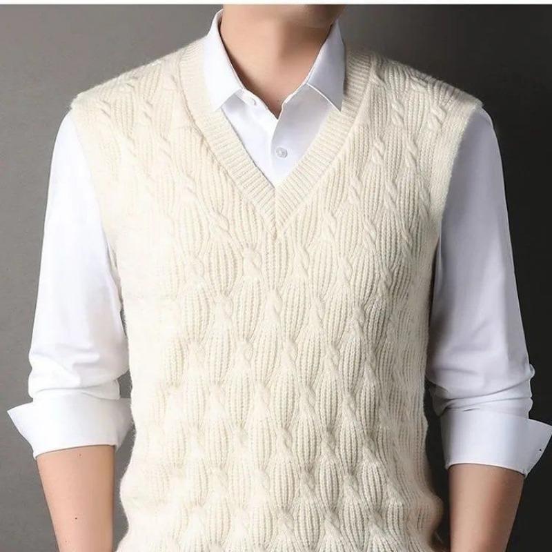 Men's Cream Cable Knit V-neck Vest Sleeveless Casual Layered Sweater Gilet