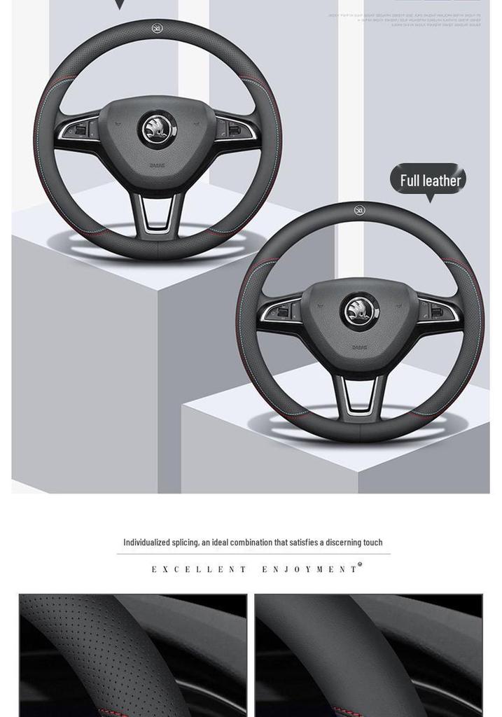Skoda Leather Steering Wheel Cover for Octavia, Karoq, Kodiaq GT, Superb, Kamiq - Ultra-thin All-Season Universal Fit