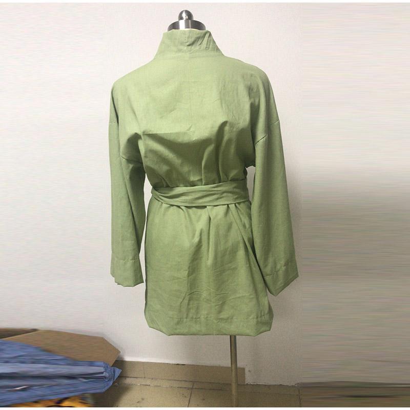Women's Lace Up Mini Dress Spring Long Sleeve V-neck Cotton Linen Sashes Dresses Casual Loose Kimono Cardigan Dress