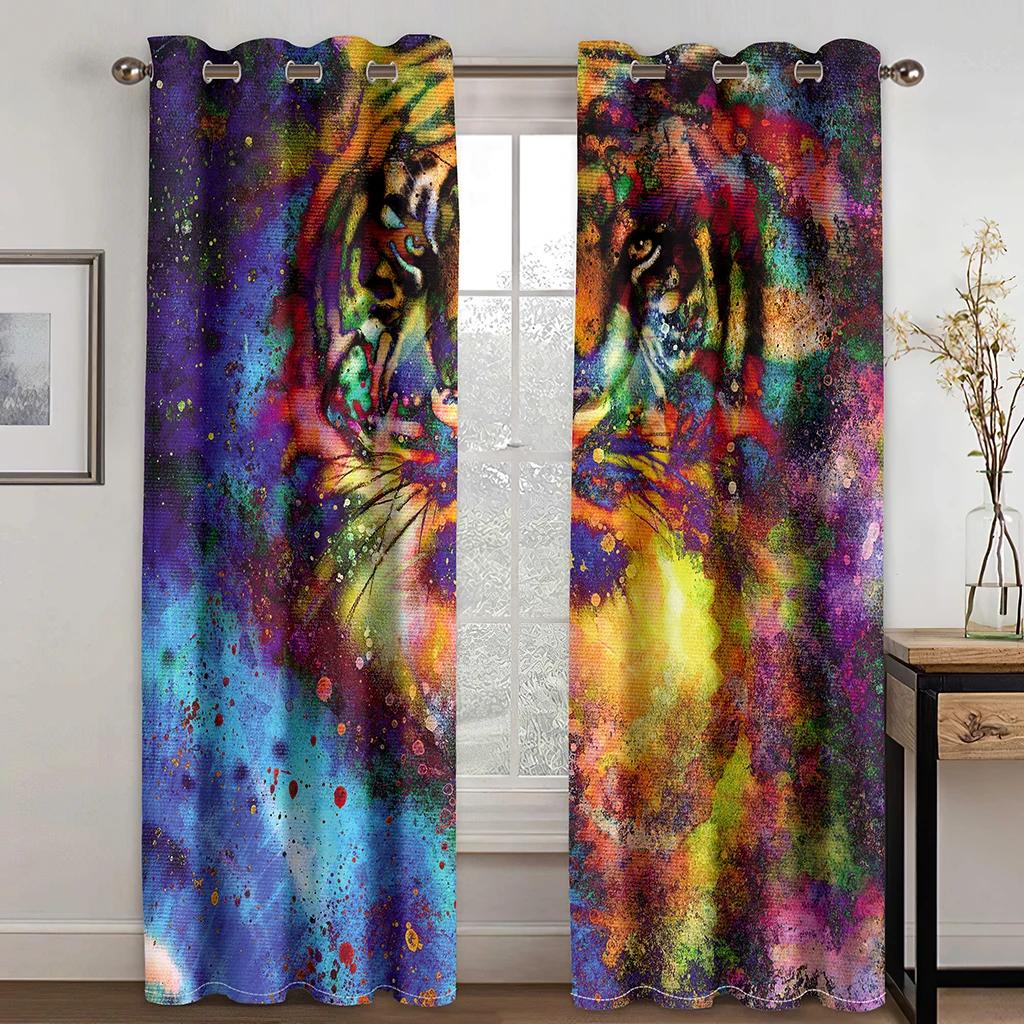 Abstract Art Animal Bohemian Psychedelic Lion Wolf Light Filtering Drapes Window Curtains for Living Room Bedroom 2 Pieces Decor