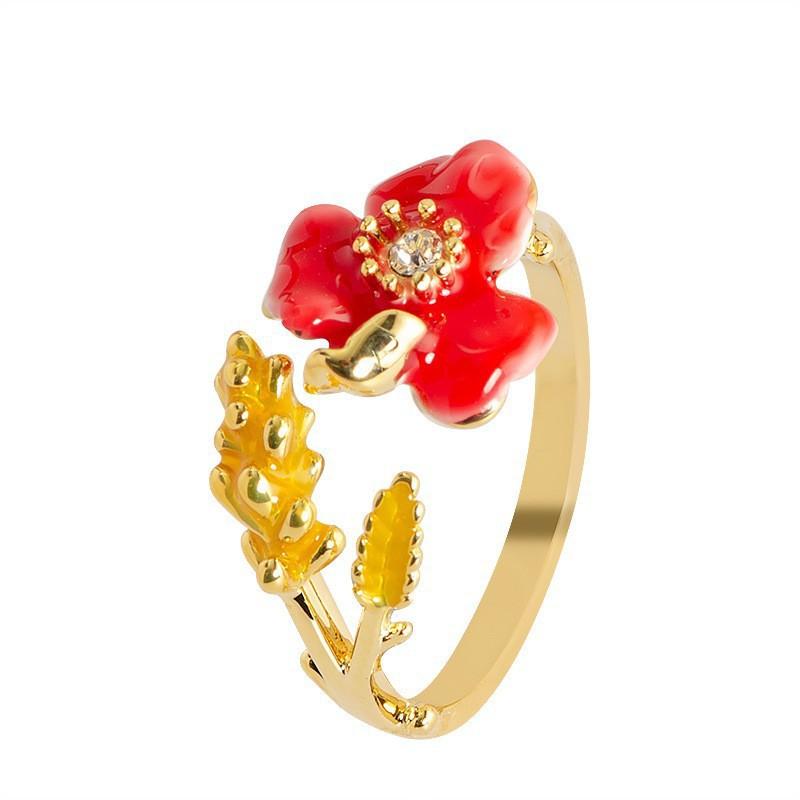 Adjustable Open Ring Women With Enamel Flower Design Zircon Accents Fashion OL Style Copper Jewelry