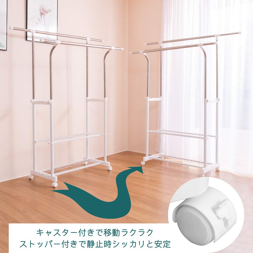 Hanger Rack with Curved Large Stainless Steel Storage Rack with Thick Sturdy Casters and Width X Depth 43cm X Height 50kg Load Double-Pipe Design,