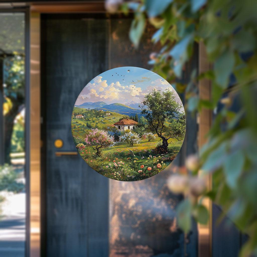 Mfoever Tin Sign Vintage Tuscan Countryside Landscape Oil Painting Themed Round Metal Tin Sign Rustic Italian Villa Garden Wall Decor Art Plaque