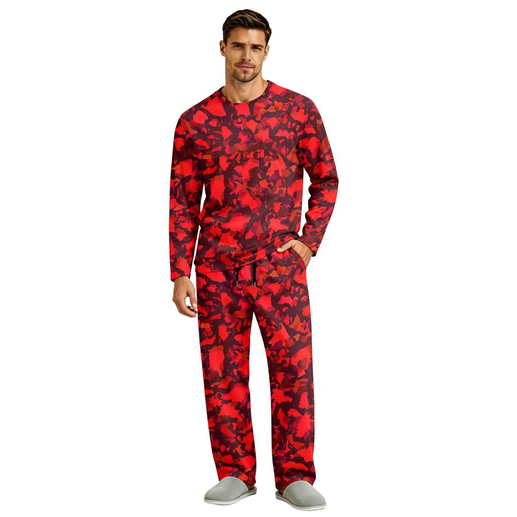 Men's Long Sleeve Pajama Set with Button Crotch and Elastic Drawstring Waist Pants for Home Loungewear