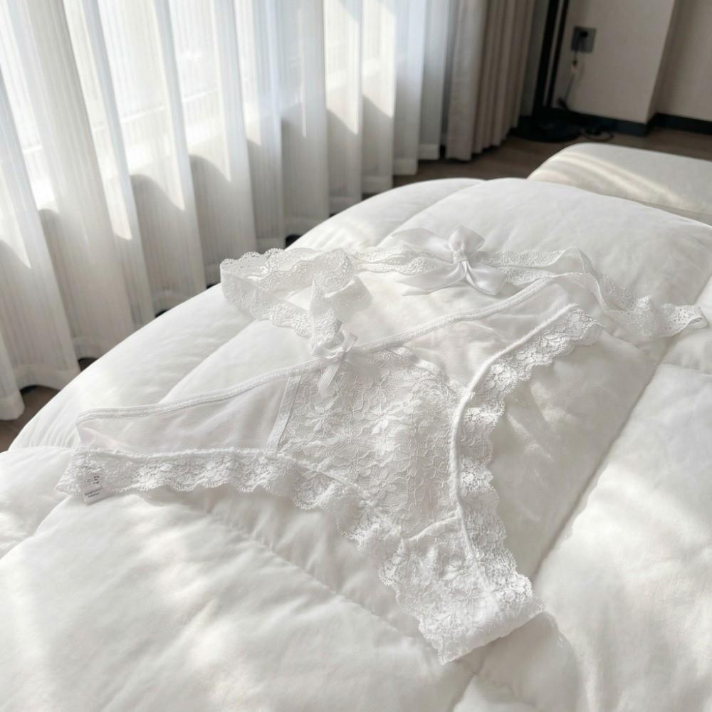 Bow Hanging Neck Chain Lace Flower Transparent Briefs Patchwork Underwear for Women  Lady