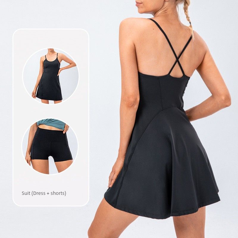With Chest Pad Nude Feel Sling Yoga Tennis Skirt Stretch Quick-Drying Golf Exercise Skirt Pocket Fitness Two-piece Set Pack