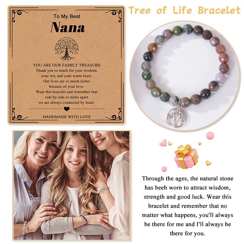 Nana Pink Zebra Stone Tree of Life Bracelet with Pendant - Natural Stone Gift for Grandma