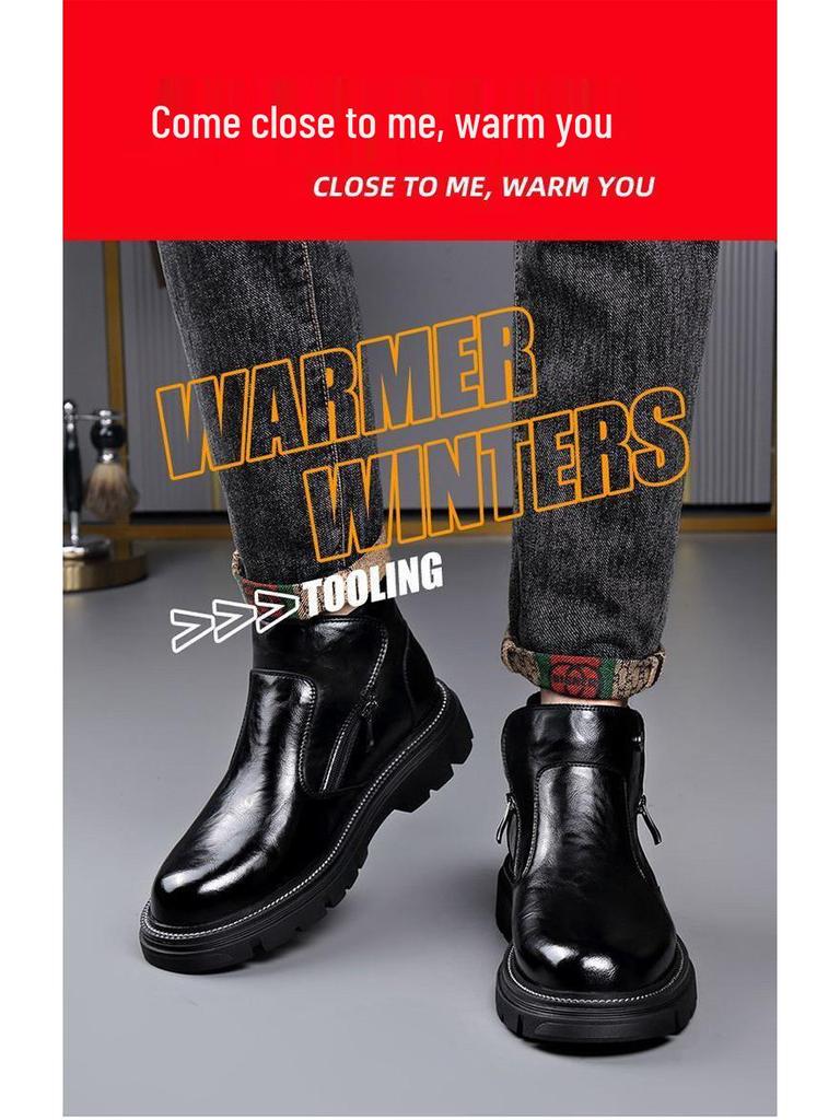 Men's Genuine Leather Chelsea Ankle Boots - Winter, Plus Velvet Lining, Thick Sole, High-Top British Style Warmth.