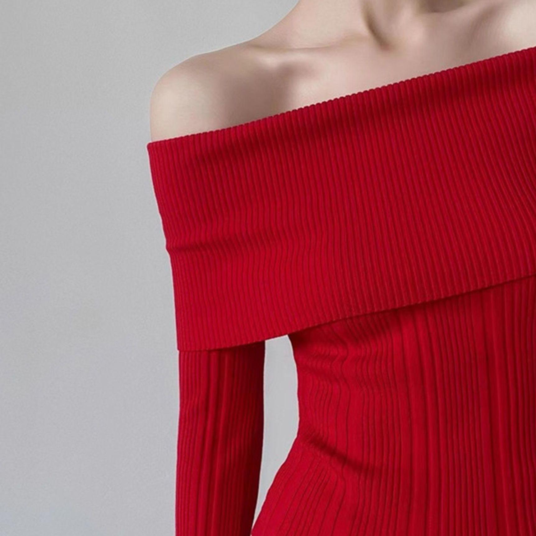 

Изысканный облегающий вязаный свитер на одно плечо - Модный облегающий топ с длинным рукавом для женщин One Size красный