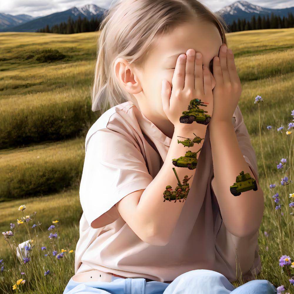 63pcs Temporary Tattoo Army Figures Temporary Tattoo Stickers Military Vehicles Tank Illustrations Cartoon For Children Girls