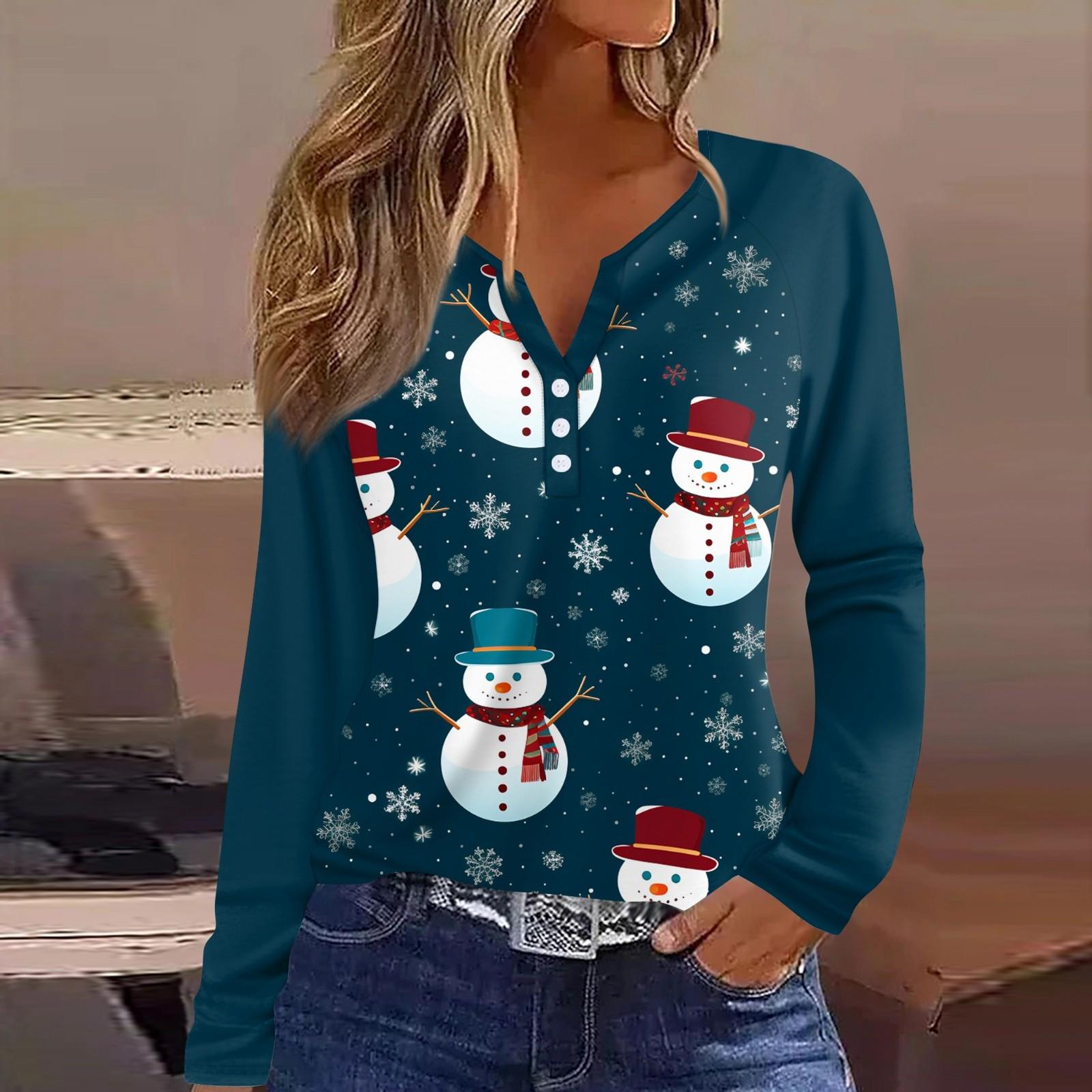 Женская мода повседневная рождественская печать V-образный вырез рукава реглан — фото 7