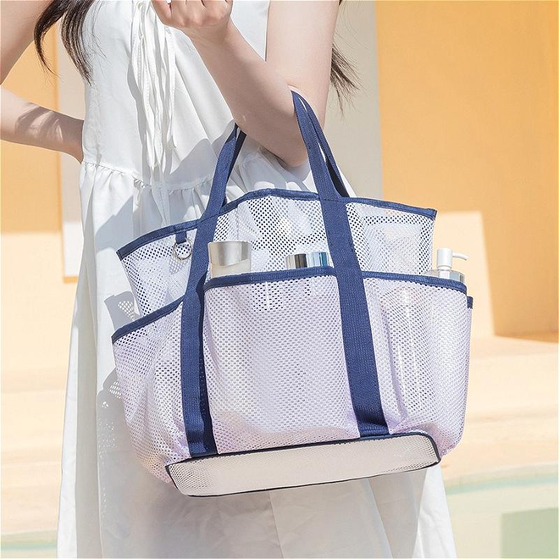 Women Mesh Beach Bag Large Capacity Multi Pockets Shoulder Tote Lightweight Waterproof Travel Storage Bag Summer Handbag