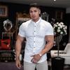 Muscleguys Moda stil retro tricou simplu cu mânecă scurtă pentru bărbați de vară ocazional, simplu, cu guler vertical, cămașă frumoasă