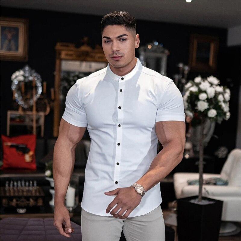 Muscleguys Moda stil retro tricou simplu cu mânecă scurtă pentru bărbați de vară ocazional, simplu, cu guler vertical, cămașă frumoasă