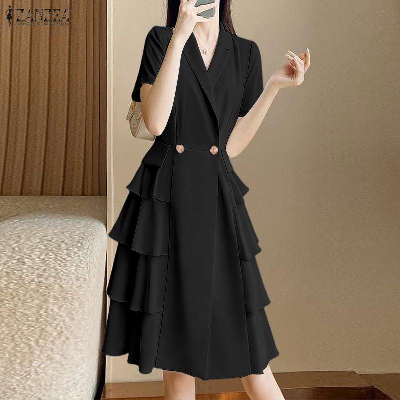ZANZEA Women Casual Turn Down Collar Loose Short Sleeve Elegant Ruffles Dress