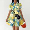 Women Casual Loose Fit Button Front Dress Shirt Dress with Stand Collar Short Sleeve Hawaiian Print Summer Dress