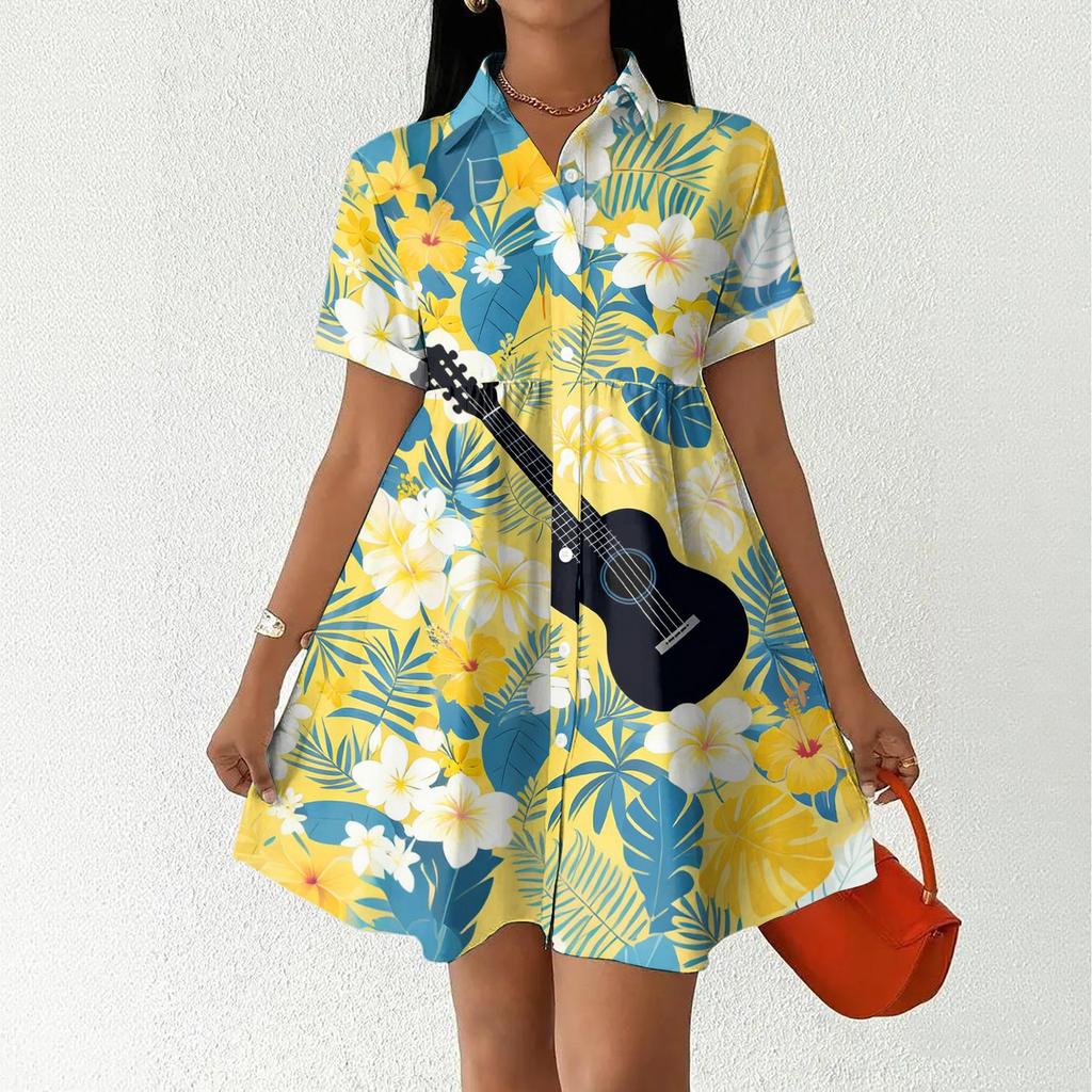 Women Casual Loose Fit Button Front Dress Shirt Dress with Stand Collar Short Sleeve Hawaiian Print Summer Dress