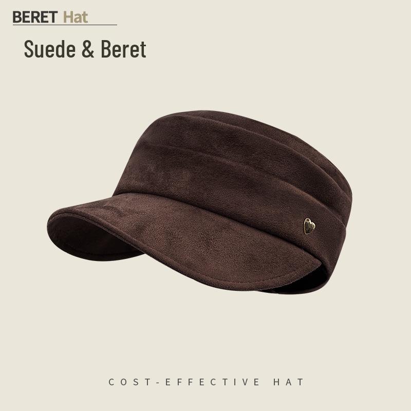 Women's Ruched Suede Flat Top Equestrian Hat - Warm Autumn/Winter Newsboy Cap with Face-Slimming Duckbill Design