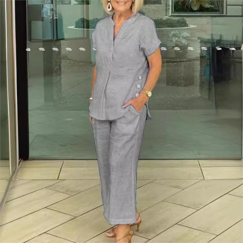 Fashion Cotton Linen Short Sleeved Women Shirt Pants Suit Spring Summer Simple Casual Pocket Pants Female Office 2 Piece Set