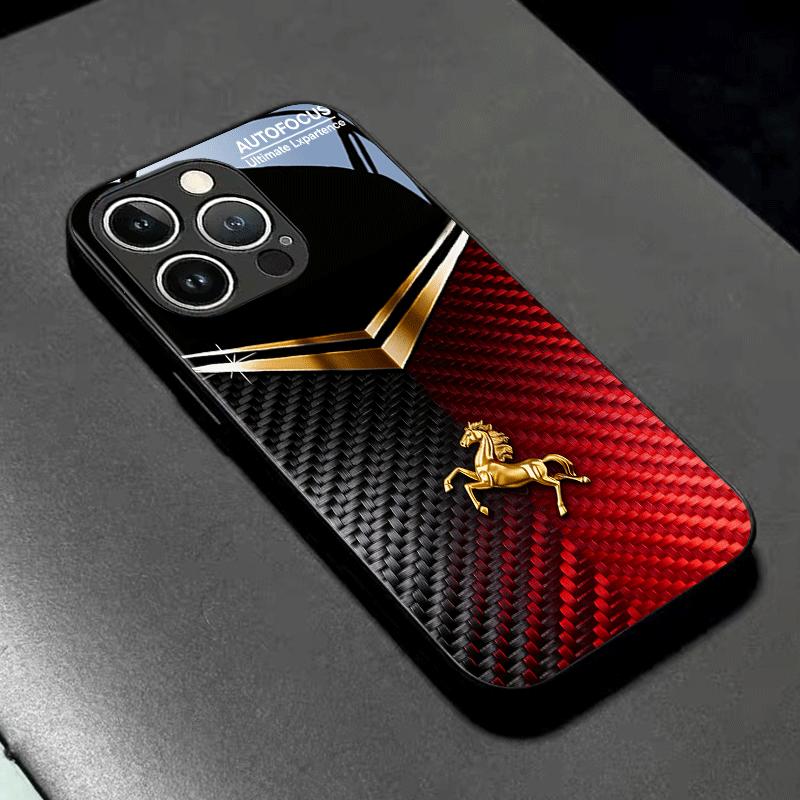 Goldenes Pferd Schwarz und Rot Glas Handyhülle Geeignet für iPhone 17 16 15 14 13 12 11 Pro/Max/Plus Sturzfest und Stoßfest