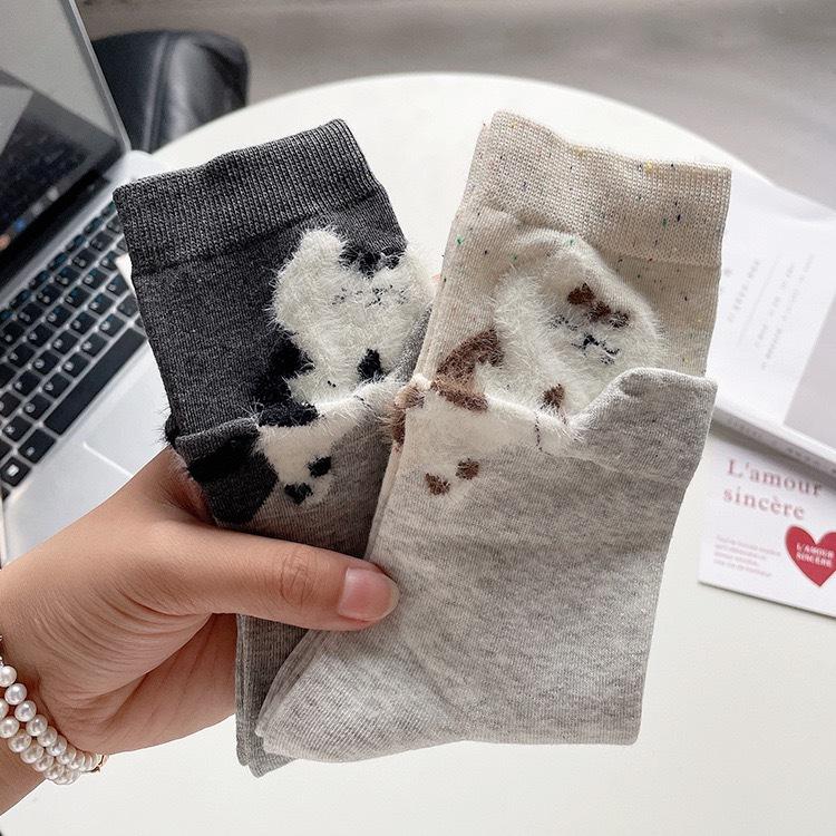 Roliga Tecknade Kattstrumpor Dam Höst och Vinter Tjock Bomull Mellanlånga Strumpor Varma Mysiga Sovande Hem Golv Djurmönstrade Strumpor