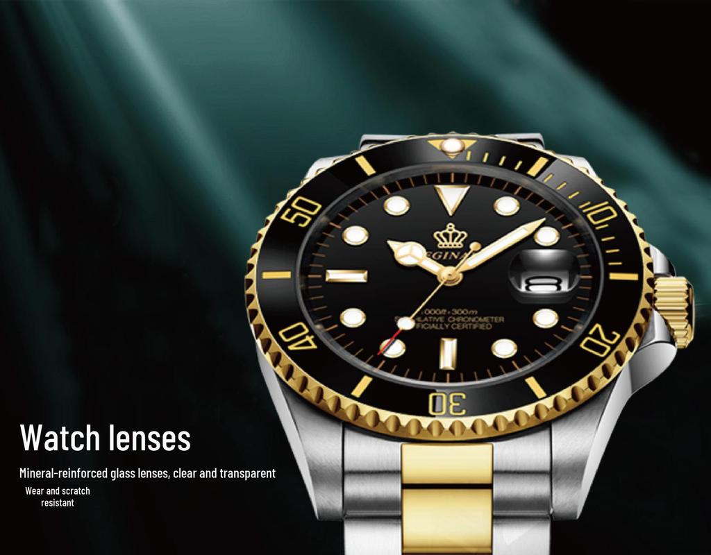 Men's Green Submariner Quartz Sport Watch, Steel Band, Date Feature, Luminous, Waterproof, Student, Rotating Bezel.