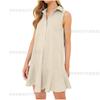 Summer new solid color lapel sleeveless nail buckle open chest pleated ruffle edge dress short skirt women
