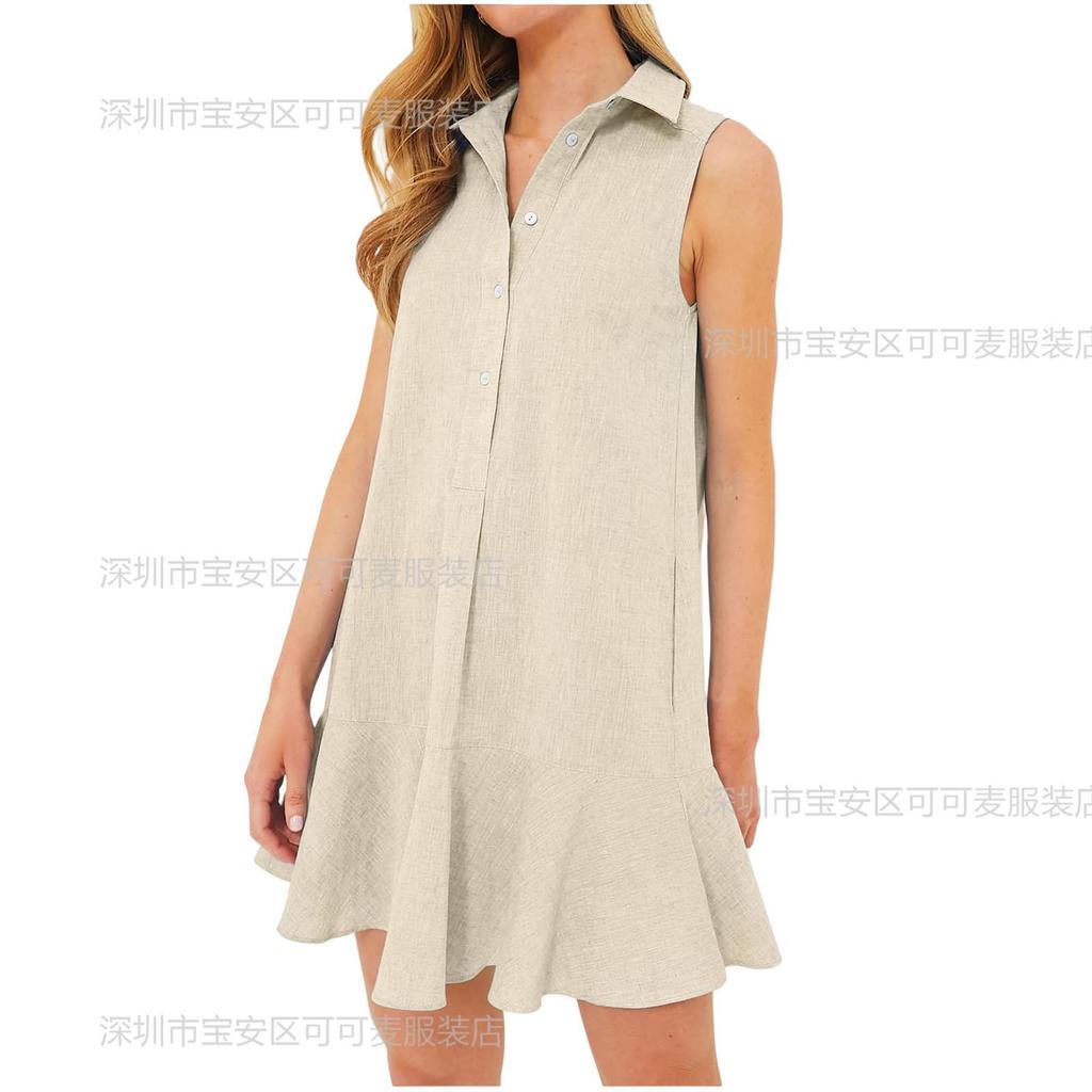 Summer new solid color lapel sleeveless nail buckle open chest pleated ruffle edge dress short skirt women