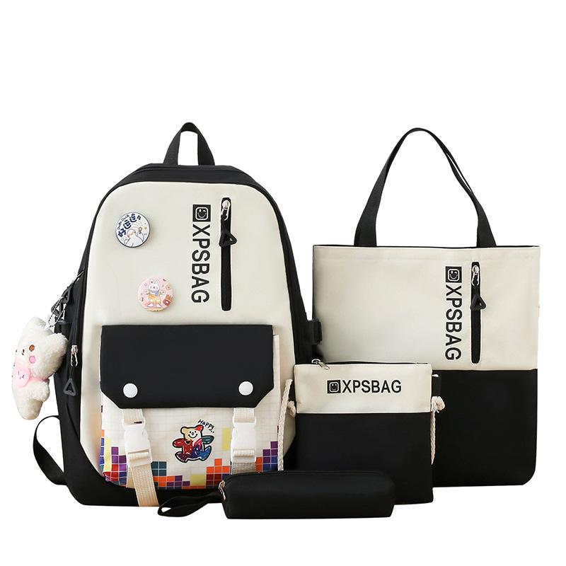 School Bag Campus Backpack Four-piece Contrasting Color New Primary School School Bag Female Large-capacity Junior High School Backpack