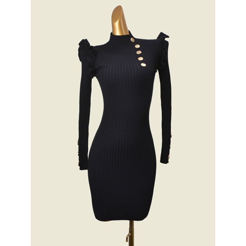 French Style Design Long Sleeves Half Turtleneck Base Dress Fashion Wind Black Silm High Elastic Metal Buckle Sheath