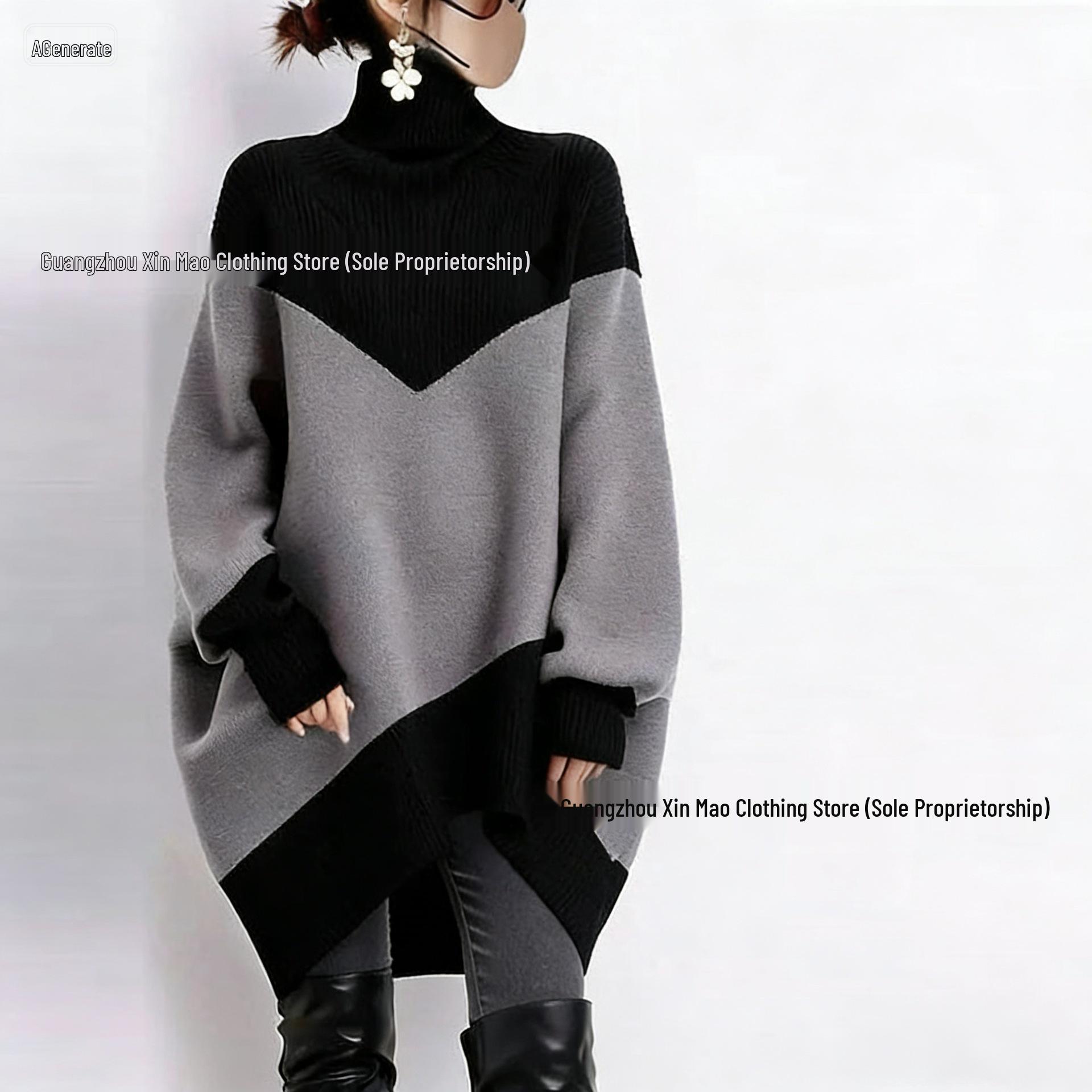 

Stylish Autumn/Winter Slimming Wool Dress with Slanted Color Blocking and Half-High Neck for Women Small серый